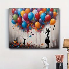 a painting of a woman holding balloons in the air with butterflies flying around her, on a white wall