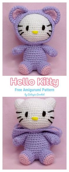 two crocheted hello kitty stuffed animals sitting side by side on a pink background