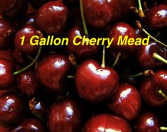 a pile of red cherries with the words 1 gallon cherry mead on it's side