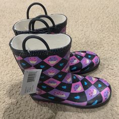 Never Worn Spring Non-slip Round Toe Boots, Cute Waterproof Boots With Round Toe, Spring Rain Boots With Round Toe, Spring Round Toe Rain Boots, Playful Round Toe Boots For Outdoor, Purple Waterproof Boots With Round Toe, Playful Waterproof Boots With Round Toe, Purple Waterproof Round Toe Boots, Playful Waterproof Round Toe Boots