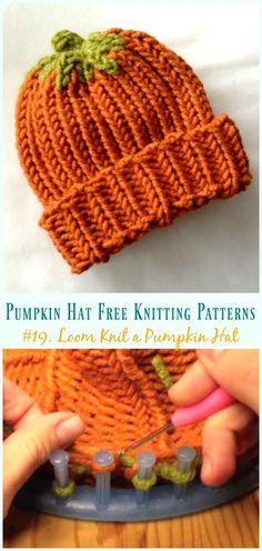 the pumpkin hat is knitted with knitting needles