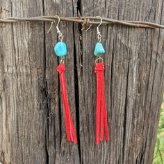 Due to the handmade nature of these earrings, the finished product may vary slightly from the photo. Red Southwestern Dangle Earrings, Southwestern Red Dangle Earrings, Southwestern Style Red Dangle Earrings, Southwestern Tassel Earrings, Adjustable Tassel Earrings As Gift, Red Bohemian Tassel Earrings, Adjustable Red Bohemian Tassel Earrings, Adjustable Red Southwestern Earrings, Leather Tassel Earrings