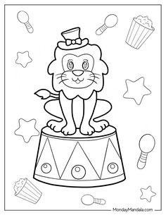 a lion sitting on top of a circus ring with balloons and stars in the background