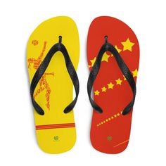 Prepare for an adventurous and carefree summer with a pair of colorful slippers that are created just for you! The rubber sole is lined with a soft fabric to make sure you feel comfortable wherever your day takes you. * Rubber sole * Customizable 100% polyester fabric lining * Black Y-shaped rubber straps * Toe post style Chinese Flip-Flops, Red Flip Flops, Yellow Flip Flops, China Flip Flops, Volleyball Flip Flops, VBall Flip Flops Volleyball Team Shirts, Yellow Flip Flops, Red Flip Flops, Volleyball Stuff, Flip Flops Beach, Colorful Slippers, China Flag, Yellow Sandals, Volleyball Outfits