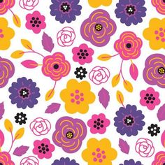 an abstract floral pattern with pink, yellow and purple flowers on a white background photo