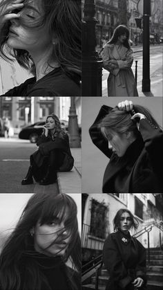 black and white photo collage with woman in coat