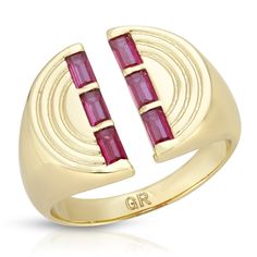 A 70's vintage inspired, yet modern split signet ring features 2 rows of baguettes. Ruby colored CZ's Sizes 6,7,8 Slightly adjustable 14K Gold over Brass Sterling Silver Midi Rings, Signet Ring Gold, Midi Rings Silver, Oversized Hoop Earrings, Ring Ruby, Gold Statement Ring, Gold Signet Ring, Bracelet Design, Gold Filled Ring