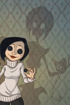 an animated woman holding a cell phone in front of a wall with a creepy face on it