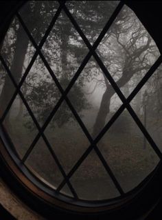 a round window with trees in the background