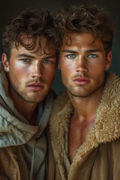 two young men with blue eyes are posing for the camera, one is wearing a brown jacket