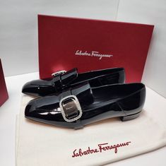 ***Excellent Pre-Owned Condition** Salvatore Ferragamo Ladies Loafers. Sku: 01d789 754307. Color: Black. Salvatore Ferragamo Ladies Black Wang Patent Crystal Buckle Loafers. A Pair Of "Wang" Patent Leather Loafers Features A Slip-On Style, A Square Toe, Notched Vamp, Leather Outsole, A 10 Mm Flat Heel And Finished With Crystal Embellished Logo Buckle. Made In Italy. Ladies Loafers, Buckle Loafers, Patent Leather Loafers, Leather Loafers, Loafers For Women, Salvatore Ferragamo, Flat Shoes Women, Loafer Flats, Patent Leather