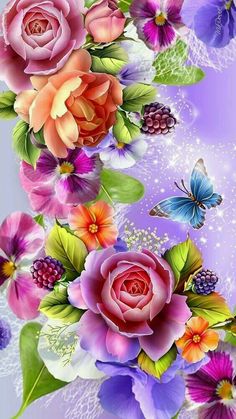 flowers and butterflies on a purple background