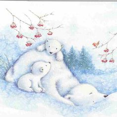 two polar bears are hugging each other in the snow with berries on the tree behind them