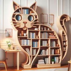 a cat shaped bookshelf in the corner of a room