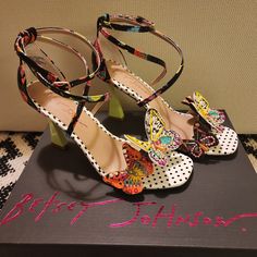 New With Box/ Never Worn Betsey Johnson Size- 8.5 Whimsical And Beautiful, The Trudie Butterfly Heels Are The Perfect Statement Piece To Bring Out Your Inner Wild Side. These Strappy Heels Feature A Bold Print Pattern And Are Accented With Playful Butterfly Embellishments On The Toe Strap Adding A Touch Of Fun To Your Look. Synthetic Upper Materials With Embellishments Synthetic Lining Synthetic Sole 3.5 Inch Heel Height Comfortable And Stylish: Featuring A Synthetic Upper, Lining, And Sole, The Butterfly Heels, Butterfly Embellishment, Betsey Johnson Shoes, Black Butterfly, 5 Inch Heels, Bold Prints, Heeled Sandals, Strappy Heels, Print Pattern