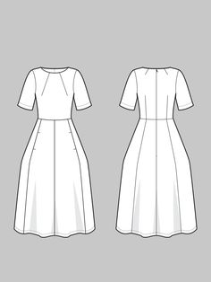 the front and back view of a white dress with short sleeves, on a gray background