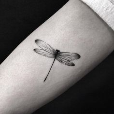 a black and white photo of a tattoo with a dragonfly on the arm,