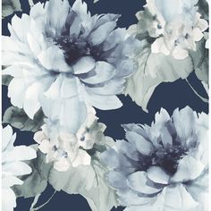 a blue and white flower pattern on a dark background with watercolor flowers in the center