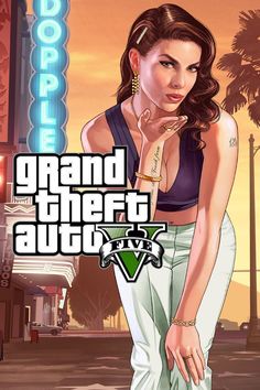 a woman standing in front of a neon sign with the words gta v on it