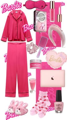 a pink outfit and accessories are arranged in the shape of a collage with barbie's name on it