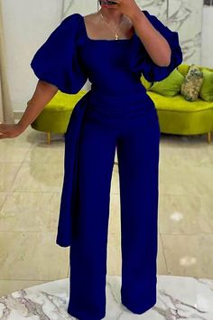 l6652029421-casual-solid-split-joint-square-collar-straight-jumpsuits Jumpsuit Navy Blue, Collar Jumpsuit, Wrap Jumpsuit, Blue Jumpsuits, Plus Size Jumpsuit, Jumpsuit With Sleeves, Looks Chic, Summer Cotton