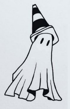 a black and white drawing of a ghost wearing a witches hat