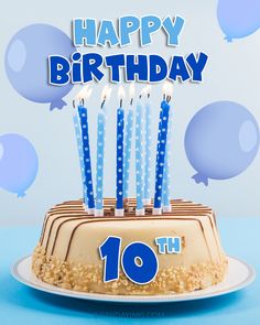 a birthday cake with candles on it and the number ten in blue is surrounded by speech bubbles