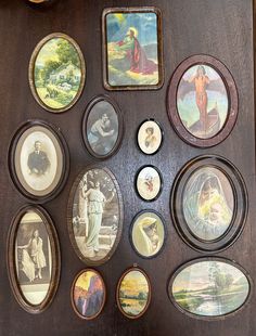 there are many different pictures on this wooden frame with the same image as above them