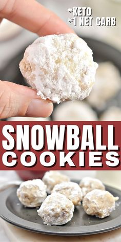 a hand holding a snowball cookie over a plate