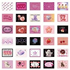 many different greeting cards with hearts, stars and other things on them are arranged in the shape of squares