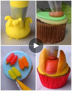 four different pictures of cupcakes with fondant decorations