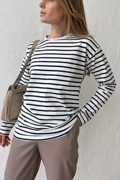 ⚠️NOTE: 10 Day shipping on this item not counting weekends or holidays. This item is listed under "worth the wait" section on our website Pattern type: Striped Style: Casual Features: Oversized Neckline: Round neck Length: Regular Sleeve length: Long sleeves Sleeve type: Regular sleeves Sheer: Opaque Material composition: 97% cotton, 3% spandex Stretch: Slightly stretchy Care instructions: Machine wash cold. Tumble dry low. Imported Product measurements: S: bust 39 in, sleeve length 21.1 in, shoulder 20.3 in, length 24.6 in M: bust 40.6 in, sleeve length 21.5 in, shoulder 20.9 in, length 25 in L: bust 42.1 in, sleeve length 21.8 in, shoulder 21.1 in, length 25.4 in XL: bust 43.7 in, sleeve length 22.2 in, shoulder 21.3 in, length 25.7 in Harajuku Shirt, Casual Shirt Women, T Shirts Women, Loose Tees, Oui Oui, Casual Stripes, Striped Sleeve, Style Classique, Fashion Seasons