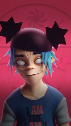 an animated character with blue hair and stars on his head