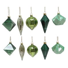 twelve green glass christmas ornaments hanging from gold - colored corded hooks, each with an ornament in the shape of a diamond