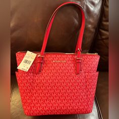 Micheal Kors Logo Jetset West. Top Zipper Tote Medium Bag For Everyday Use Or Travel. Color Crimson Michael Kors Bag Brown, Michael Kors Bag Black, Micheal Kors Handbag, Crimson Color, Mk Purse, Medium Bag, Woven Handbags, Michael Kors Shoulder Bag, Leather Satchel Bag