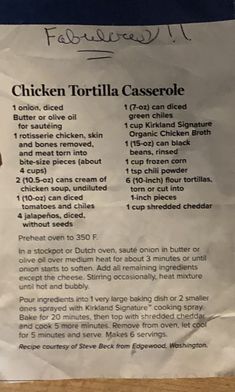 a chicken tortilla casserole recipe on a piece of paper