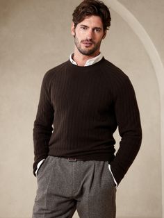 Strike a balance between refined and rugged with this sumptuously soft cashmere sweater, knit in a classic wide rib texture for heirloom-worthy style that carries you through seasons to come.  Crew neck.  Straight hem.  Standard fit.  Long sleeves. Timeless Wool Sweater For Fall, Timeless Cashmere Sweater For Fall, Classic Cashmere Sweater With Ribbed Collar, Ribbed Cashmere Sweater For Layering, Cashmere Ribbed Sweater For Layering, Elegant Winter Sweater With Ribbed Neckline, Fitted Brown Cashmere Sweater, Ribbed Cashmere Tops, Solid Color Ribbed Cashmere Tops