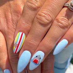 We Love Glitter Design on Instagram: "Shark Crossing🦈❤️ Nail Decals: •Jaws | Grey & Light Blue •Stripes | Red, Light Blue & Bright Yellow •Starbursts Sidewall | White @weloveglitterdesign #weloveglitterdesign #nailart #nails #summernails #sharknails #beachnails #summernailart #jawsnails #naildecal" Jaws Nail Art, Lifeguard Nails, Shark Themed Nails, Jaws Nails, Shark Nails Acrylic, Shark Week Nails, Shark Nail Designs, Light Blue Summer Nails, Shark Nails