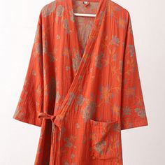 Flower Jacquard Cotton V-Neck Bathrobe Pajama – ownkoti Casual Cotton Robe For Loungewear, Cotton V-neck Kimono For Loungewear, Casual Cotton Robe For Lounging, Casual Cotton Lounging Robe, Spring Cotton Kimono For Lounging, Cotton Kimono For Spring Lounging, Red Cotton Robe For Spring, Cotton Kimono For Lounging, Long Sleeve Cotton Robe For Lounging