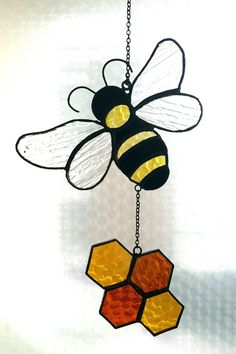 bee window hanging, honeycomb stained glass suncathcher Honeycomb Window, Cup Hanger, Spectrum Glass, Bee Honeycomb, Custom Stained Glass, Stained Glass Suncatchers