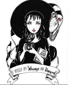 a drawing of a woman holding a camera and wearing a black hat with the words i misspel my strange and unusual written on it