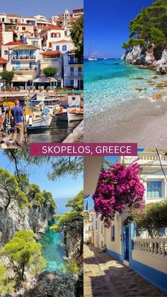 four different pictures with the words skopelos, greece