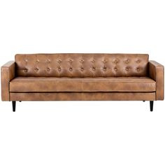 a brown leather couch with black legs and buttons on the back, against a white background