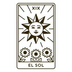 the sun tarot card in black and white on a white background with flowers around it