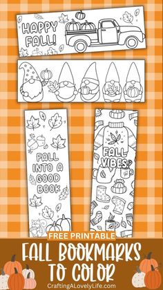 fall bookmarks to color with pumpkins and leaves on an orange checkered tablecloth