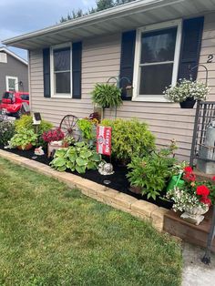 the front yard is full of flowers and plants, including an assortment of potted plants