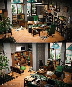 two pictures of a living room with couches, tables and bookshelves in it