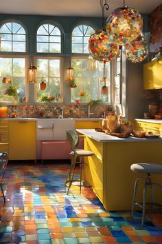 a kitchen with yellow cabinets and colorful floor tiles on the walls, an island in the center