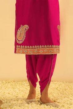 Pink kurta with Kashmiri tilla gota and kundan embroidery. Paired with a dhoti pant. - Aza Fashions Traditional Eid Bottoms With Drape, Traditional Drape Bottoms For Eid, Traditional Drape Bottoms With Zari Work For Festivals, Festive Traditional Harem Sets, Bollywood Bottoms With Resham Embroidery In Traditional Drape, Eid Bottoms With Resham Embroidery In Traditional Drape, Eid Bottoms With Resham Embroidery And Traditional Drape, Traditional Harem Salwar Kameez For Festive Occasions, Bollywood Style Bottoms With Resham Embroidery