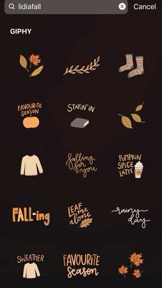 an iphone screen with the words fall and autumn written in different font styles on it